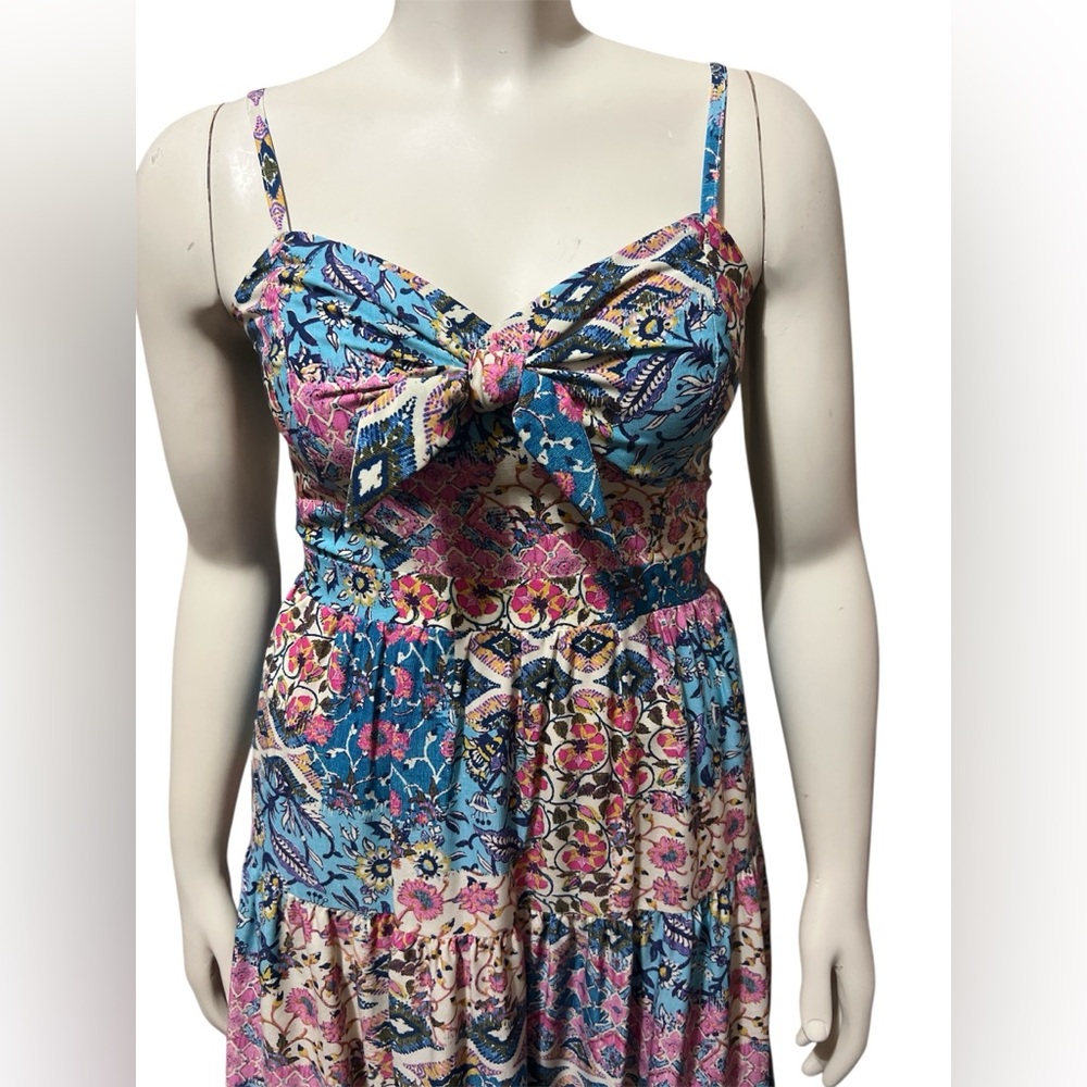 Eliza J 8 Sweetheart Tie Front Patchwork Print Crepe De Chine Maxi Dress Pockets - Picture 6 of 12